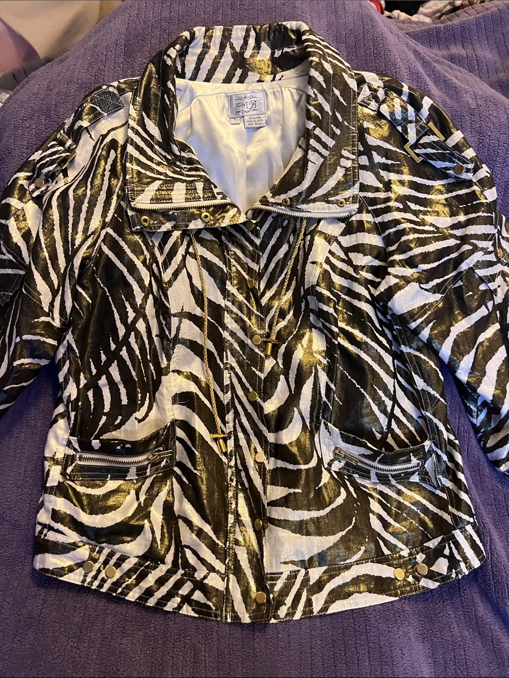 Zebra-Print Leather Jacket with Metallic Accents - Black & White